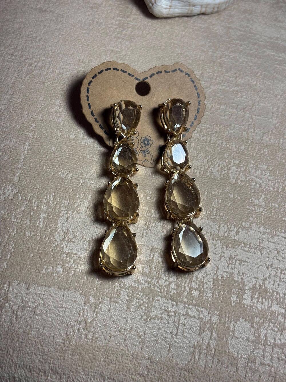 Gold Tone Champagne Crystal Dangle Earrings Long Teardrop Statement Vintage